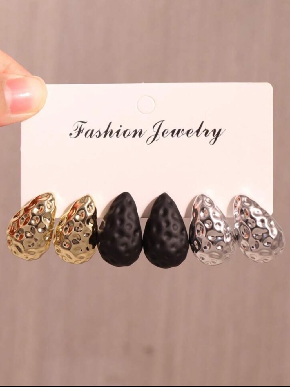 Fashion Jewelry Teardrop Hammered Earring Trio in Gold, Black & Silver